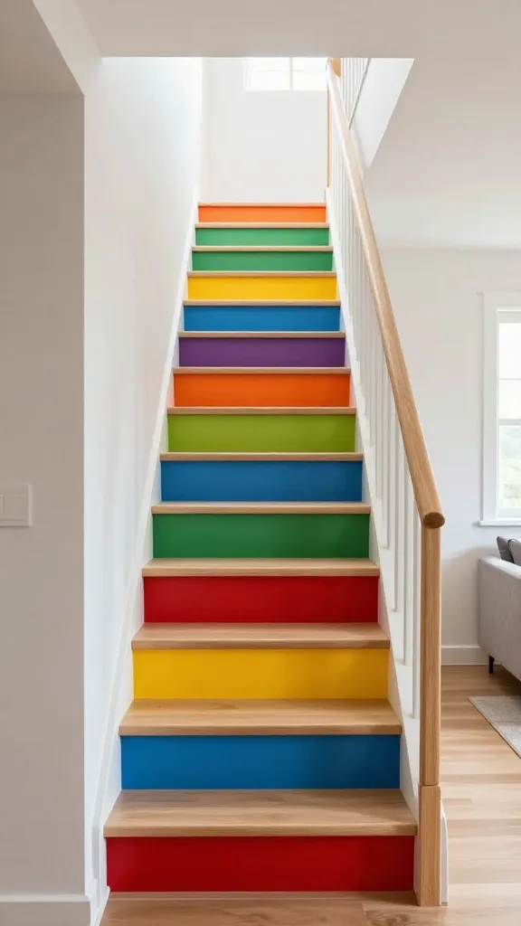 A high-quality, realistic interior design photograph showcasing a smart, space-saving staircase in a bright, compact modern home. The staircase features risers painted in a distinct, vibrant rainbow spectrum (red, orange, yellow, green, blue, indigo, violet), injecting pure joy and personality into the small space. The treads and sleek, minimalist railings are crafted from light natural wood, providing a neutral canvas that allows the colorful risers to brilliantly shine as the focal point. Soft, abundant natural light illuminates the scene, emphasizing the playful and uplifting mood of the design within the cozy setting.