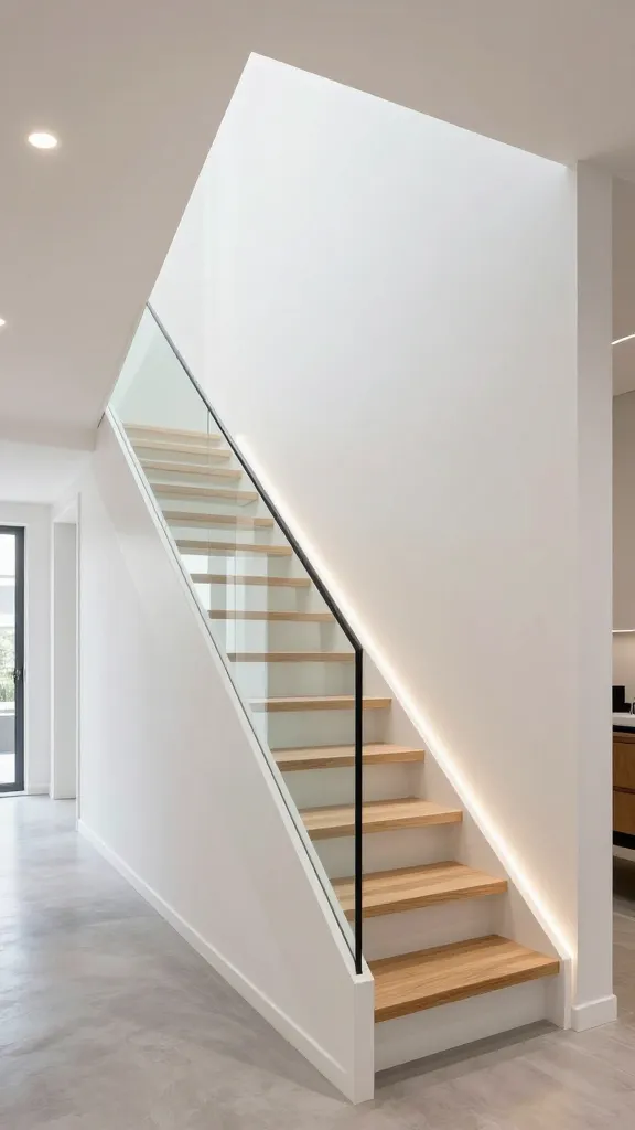 A professional architectural photograph capturing a modern, space-saving staircase in a bright, minimalist small home entrance. Each riser of the sleek staircase is meticulously covered with cut-to-size mirror panels, creating an incredible illusion of depth and reflecting the clean, contemporary aesthetic. A vast, frameless mirror is mounted seamlessly on the entire wall alongside the staircase, dramatically doubling the perceived width of the narrow hallway and enhancing the sense of openness. Strategically placed, warm LED strip lighting integrated beneath the handrail and subtle recessed ceiling lights illuminate the area, maximizing reflections and enhancing the sense of grandeur. The staircase features light wooden treads and a minimalist white balustrade. The floor is polished light grey concrete. The scene is exceptionally bright, airy, and sophisticated, showcasing clever design. No text.