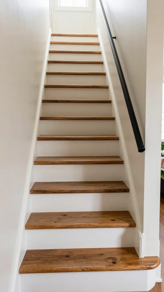 A high-quality, realistic photograph of a charming rustic farmhouse staircase in a small, well-lit home. The staircase features sturdy reclaimed wood treads, rich with visible grain, knots, and subtle, authentic imperfections that tell a story. Each riser is painted a clean, matte white, creating a bright, crisp contrast. A simple, sleek black metal handrail is mounted on the adjacent wall, its clean lines complementing the rustic wood. Soft, warm natural light spills in from an unseen window, gently illuminating the textures and casting a cozy, inviting glow, creating a lived-in atmosphere. The surrounding space suggests a thoughtfully designed small home, with a hint of a light-colored wall and perhaps a small, green potted plant placed subtly at the base of the stairs. The perspective is slightly angled, showcasing the staircase as the central, character-filled feature.