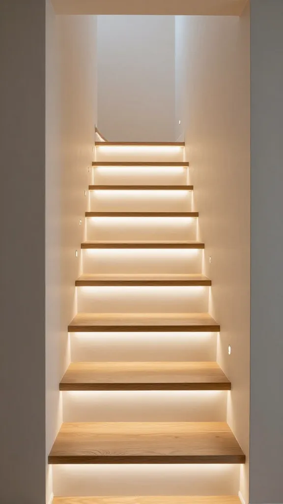 A realistic, high-resolution architectural photograph showcasing a sleek, space-saving open-riser staircase in a modern, compact home interior. Warm LED strip lights are meticulously integrated under each individual wooden tread, casting a soft, inviting glow downwards. Complementing these, minimalist recessed wall lights are strategically placed along the adjacent light-toned wall, subtly illuminating the upward path. The integrated lighting creates a dramatic yet sophisticated ambiance, highlighting the staircase as a functional art piece and smart design solution within the small living space. The overall aesthetic is clean, contemporary, and functional, emphasizing smart design for urban living.