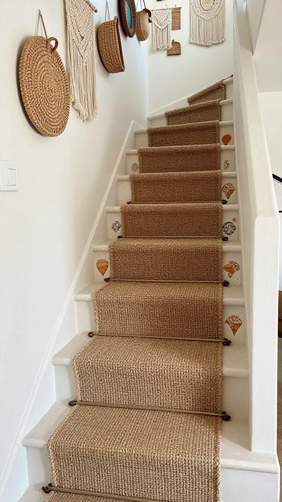 A realistic, high-definition photograph of a boho-chic staircase in a small, inviting home. The staircase features a textured, natural woven jute runner meticulously laid across the steps. Each stair riser is uniquely adorned with subtle, hand-painted global patterns in warm, earthy tones. The adjacent wall is a curated display of eclectic art, featuring a collection of various sized macrame wall hangings and natural woven baskets, arranged artistically to create a sense of wanderlust and cozy charm. Soft, diffused natural light streams into the space, highlighting the rich textures and handcrafted details. The scene conveys a relaxed, artistic, and well-traveled aesthetic. Professional interior photography, no text.