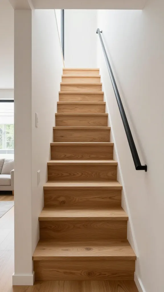 A highly detailed, realistic, high-quality photograph of a compact alternating tread staircase in a modern, small home interior. The staircase, crafted from warm light oak wood, features distinct alternating cut-outs on each tread, clearly illustrating the ingenious left and right foot placement for a steep, space-saving ascent. A sleek, minimalist black metal handrail is securely mounted along the adjacent wall, providing essential balance and support. The stairs ascend gracefully from a bright, minimalist living area into an unseen upper level, emphasizing its role as an ultimate problem-solver for truly tight spaces. Natural light from a nearby window illuminates the textures of the wood and metal, highlighting the clean lines and smart design. No text.
