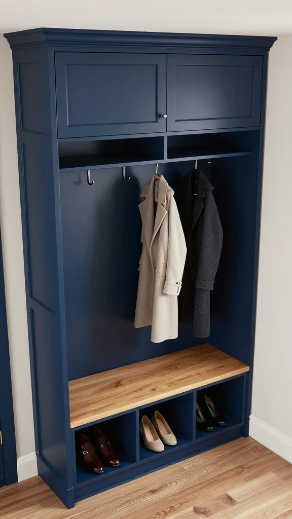 A high-angle, eye-level shot of a beautifully organized under-stair mudroom. The built-in cabinetry, painted in a deep navy blue, perfectly integrates into the architectural space beneath the staircase. It features smart compartments with hooks for coats, cubbies for shoes, and shelves for bags and other grab-and-go essentials, all neatly arranged. A warm oak bench top provides a comfortable seating area, contrasting elegantly with the navy blue. The design emphasizes efficiency and style, with durable finishes. Soft, natural light illuminates the space, highlighting the texture of the wood and the rich color of the cabinetry. No clutter is visible, every item has its dedicated spot, creating a serene and functional entryway. Realistic, high-quality photograph.