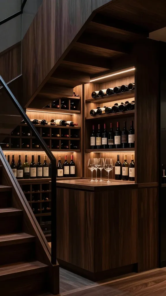 A high-quality, realistic photograph capturing a sophisticated wine cellar and bar nook meticulously carved out under a modern, dark wood staircase. The nook features custom, elegant dark wood wine racks displaying a curated collection of wine bottles, subtly illuminated by warm, recessed LED strip lighting that highlights the gleam of glass bottles and stemware arranged on a small, dark wood countertop. The overall mood is refined, luxurious, and a touch mysterious, with deep shadows contrasting with soft, inviting highlights. The staircase above is seamlessly integrated, emphasizing the clever use of space. No text on image.