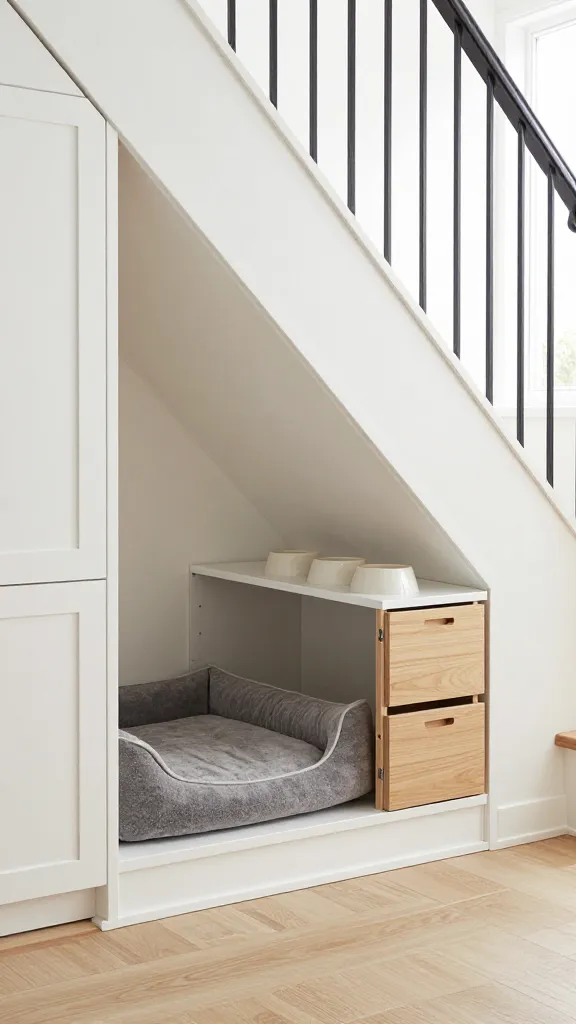 A realistic, high-quality photograph showcasing a sophisticated, integrated pet palace meticulously built into the under-staircase storage of a contemporary home. The custom-fit opening, framed with crisp white trim, reveals a cozy, plush grey dog bed perfectly nestled within. Adjacent to the dog bed, two handleless, light oak veneer pull-out drawers are seamlessly integrated into the white cabinetry, designed for discreet pet food and treat storage. Above the drawers, an innovative pull-out shelf with two integrated, elevated ceramic food and water bowls provides a tidy feeding station that can be tucked away when not in use. The entire under-stair unit is painted in a clean, matte white finish, blending effortlessly with the bright, modern interior. The lower part of a minimalist staircase with sleek, dark metal balusters and light wooden treads is visible, showcasing the clever, designer-look storage solution. Soft, natural light streams in from a nearby window, illuminating the inviting pet space. The scene is meticulously clean, stylish, and free of clutter.