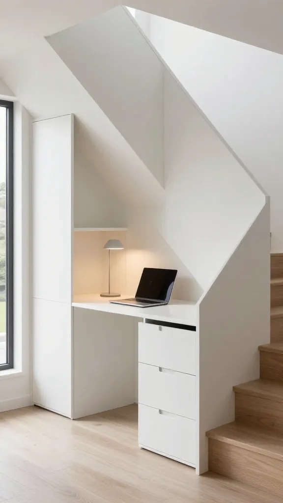 A high-angle medium shot capturing a cleverly designed under-stair home office hideaway in a modern, well-lit living space. The sleek, custom-built unit, finished in a light matte white or pale wood veneer, is partially open, revealing a slender pull-out desk. Below the desk, a set of integrated, handle-less drawers are visible, designed for discreet file storage. A slim laptop sits on the desk, with a minimalist desk lamp adding a touch of function. The adjacent staircase, with clean lines and a contemporary railing, frames the storage unit, emphasizing its seamless integration and minimal visual footprint when closed. Natural light streams in from a nearby window, highlighting the smart, space-saving design. The overall impression is one of sophisticated utility and budget-friendly elegance, depicted as a realistic, high-quality photograph.