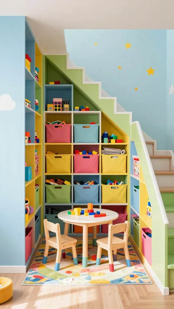 A high-quality, realistic photo showcasing a vibrant, magical kids' play zone and toy storage wonderland meticulously built into an under-stair nook. The custom built-in cubbies, painted in cheerful, playful colors like sky blue, sunny yellow, and soft green, line the back and sides of the nook, neatly filled with an array of colorful fabric and plastic storage bins overflowing with toys, building blocks, and art supplies. A small, child-sized wooden table and two matching chairs are positioned centrally on a soft, brightly patterned rug. The walls are painted a cheerful, light color, adorned with subtle, playful decals like stars or clouds. Soft, natural light streams in, illuminating the entire area, highlighting the organized yet imaginative atmosphere of this budget-friendly, designer-look under-stair storage solution. No text.