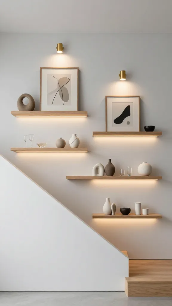 A high-quality, eye-level medium shot of a sophisticated under-stair art gallery in a modern, minimalist home. The sleek, white-painted wall beneath a contemporary light wood staircase is transformed into a curated display. Several staggered floating shelves made of light oak wood elegantly showcase a collection of small, contemporary ceramic sculptures, abstract framed art prints, and delicate glass objects. Strategic, warm LED strip lighting is subtly integrated beneath each shelf, casting a gentle glow on the displayed items. Additionally, two sleek, brushed brass picture lights are mounted above select framed artworks, highlighting them beautifully. The clean, light gray backdrop ensures the art pieces are the focal point, creating an atmosphere of understated elegance and showcasing beauty. No text on images.