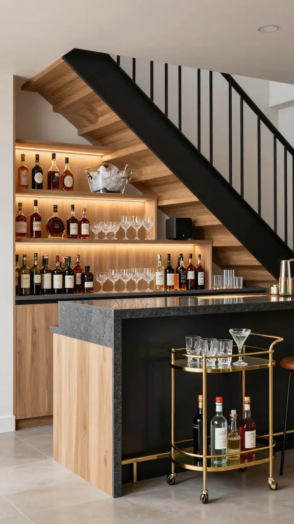 A high-quality, realistic photo capturing a sophisticated under-stair entertainment hub and bar station. The custom-built unit is seamlessly integrated beneath a modern, light-wood staircase with minimalist black metal railings. The bar features a sleek, dark grey quartz countertop and open shelving, artfully displaying an array of gleaming liquor bottles, elegant crystal glassware, and an ice bucket. Subtle, warm LED strip lighting illuminates the shelves, highlighting the contents. Adjacent to the built-in counter, a chic brass and glass bar cart is styled with cocktail accessories and a few more bottles, ready for a gathering. A compact, black speaker system is discreetly placed on one of the shelves. The overall aesthetic is refined, social, and party-ready, with clean lines and a luxurious yet accessible feel. No text.