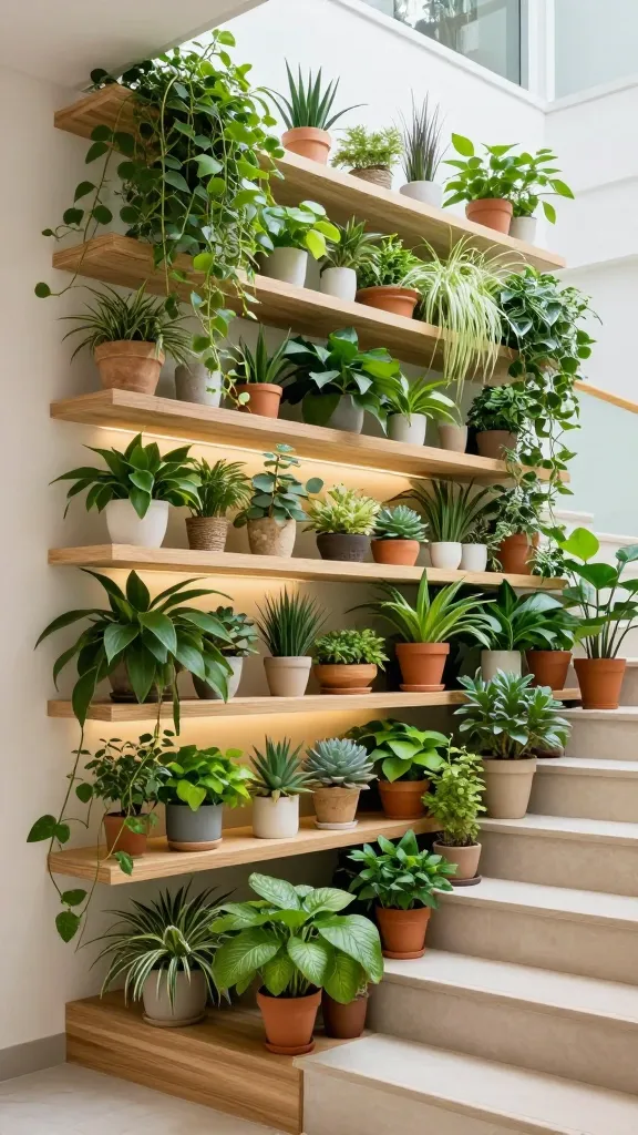 An eye-level, high-quality interior photograph showcasing a vibrant vertical garden oasis integrated seamlessly under a modern, clean-lined staircase. The under-staircase area features sturdy, tiered open shelving crafted from light natural wood, meticulously arranged with a diverse collection of lush potted plants. Varying shades of vibrant green foliage, from trailing vines to upright succulents, create a rich, living display. Discreet, warm LED grow lights are subtly integrated beneath the shelves, casting a gentle, inviting glow that highlights the natural textures of the plants and their terracotta and ceramic pots. The atmosphere is fresh, calming, and invigorating, with soft natural light filtering into the space, emphasizing the peaceful presence of nature indoors. Ultra-realistic, high-resolution, no text.