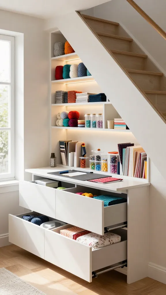 A highly organized and inspiring craft corner command center meticulously built into the under-stair space of a modern, well-lit home. The custom-designed storage features an array of sleek, integrated drawers and open cubbies, meticulously filled with neatly arranged craft supplies like colorful skeins of yarn, folded fabrics, clear containers of beads, and stacks of patterned paper. A clever pull-out work surface is partially extended, displaying a cutting mat and a few fabric swatches, ready for a project. Integrated LED strip lighting illuminates the workspace and shelves, highlighting the efficiency and accessibility of the design. The overall aesthetic is clean, functional, and inviting, showcasing how budget-friendly under-stair storage can look designer-made. Bright natural light streams in from an adjacent window, creating a warm and creative atmosphere. High-resolution, realistic photo, no text.