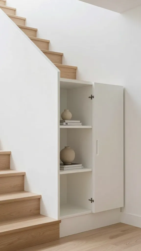 A high-resolution, realistic interior photograph showcasing a modern, minimalist staircase with integrated storage. The sleek, light-colored wooden staircase ascends gracefully, and beneath its clean lines, a custom-built cubby system is seamlessly flush with the surrounding crisp white wall. The storage unit features a harmonious blend of handle-less, push-to-open doors and open cubbies, all finished in a uniform matte white. The open cubbies are sparsely adorned with only one or two carefully selected, minimalist decorative items, such as a small, unglazed ceramic vase or a single art book, emphasizing an uncluttered and serene aesthetic. Soft, natural light bathes the space from an unseen window, highlighting the subtle functionality and designer-made quality of the storage. The overall vibe is calm, sophisticated, and perfectly integrated into the architecture. No text, no people.