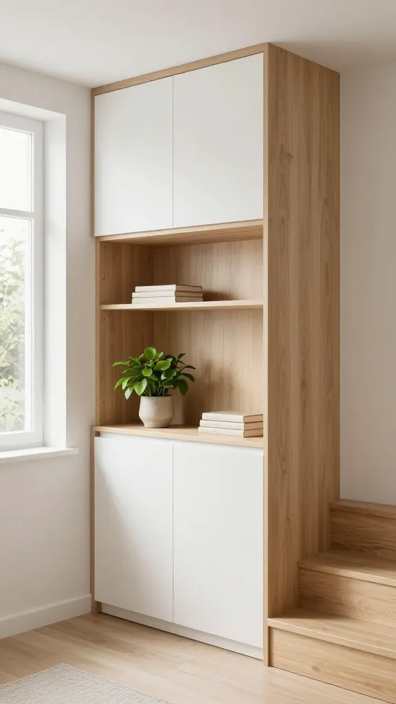 A realistic, high-quality, professional photograph capturing a beautifully designed under-stair storage unit in a bright, modern Scandinavian home. The custom storage solution seamlessly integrates light birch wood open shelving and sleek drawer fronts with crisp matte white closed cabinetry, creating a clean, airy, and effortlessly stylish look. The design features simple, understated hardware. Natural light streams from a nearby window, illuminating the inviting and refreshing space. The open shelves are minimally styled with a small, vibrant green plant in a ceramic pot and a stack of neutral-toned books, emphasizing the natural and calming aesthetic. The adjacent staircase, with its light wood treads, complements the storage unit's design. The overall scene embodies modern minimalism and the warmth of nature indoors. No text on image.