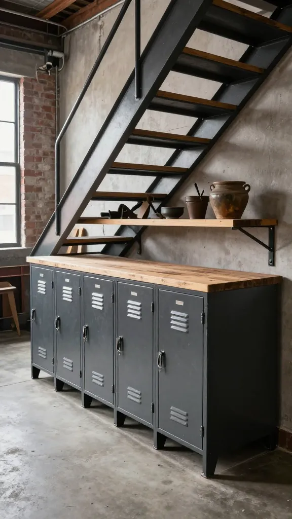 A realistic, high-quality photo of a robust and authentic under-stair storage unit in a modern industrial loft. The storage solution features multiple dark grey, distressed metal locker-style cabinets seamlessly built into the space beneath a contemporary, open-riser staircase made of black steel and light wood. Above the lockers, heavy-duty black steel shelves are supported by exposed industrial pipe brackets, displaying a few utilitarian objects like vintage tools and rugged ceramic planters. A reclaimed wood countertop or integrated shelf provides a warm, textural contrast. The surrounding loft space includes a raw concrete floor and a partial exposed brick wall, with soft natural light streaming in from a large, factory-style window, highlighting the raw textures and functional design. The atmosphere is urban cool, practical, and full of character. No text on images.