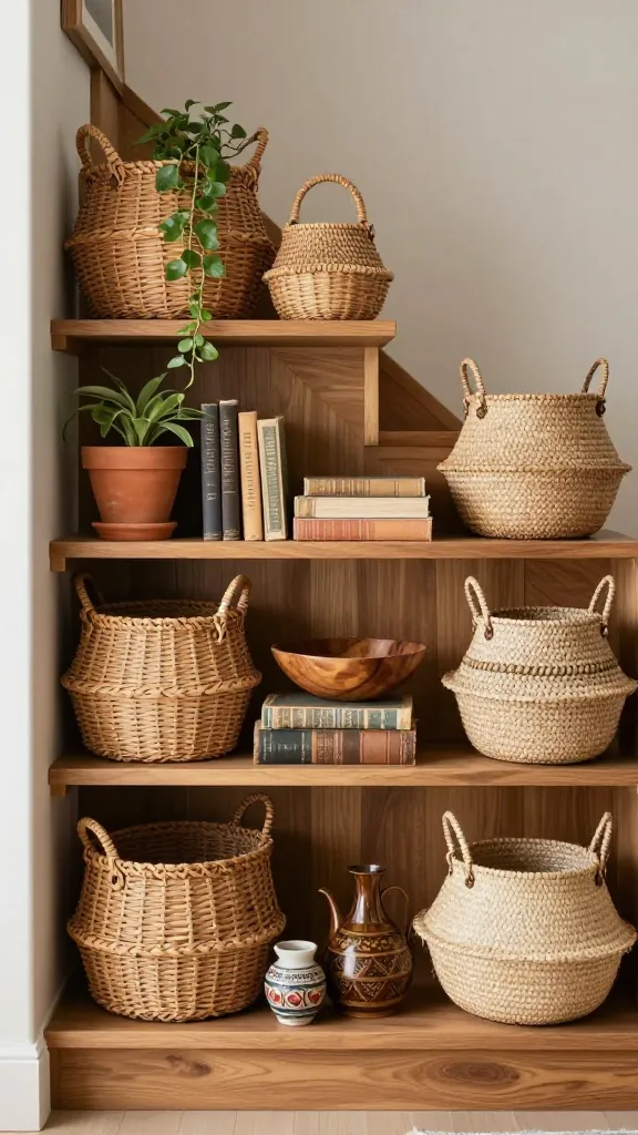 A high-quality, realistic photo capturing a "Boho Bazaar" inspired under-stair storage solution. Custom-built open shelving in warm, natural wood is seamlessly integrated beneath a staircase. The shelves are artfully arranged with a curated mix of woven baskets made from rattan and seagrass in varying sizes and patterns, providing both storage and texture. Displayed alongside the baskets are eclectic decorative objects: a small terracotta pot with a trailing plant, a stack of antique books with worn covers, a hand-carved wooden bowl, and a few globally inspired ceramic pieces. Soft, natural light illuminates the scene, highlighting the layered textures and earthy color palette. The overall aesthetic is warm, inviting, collected, and free-spirited, appearing designer-made yet unpretentious. No text.