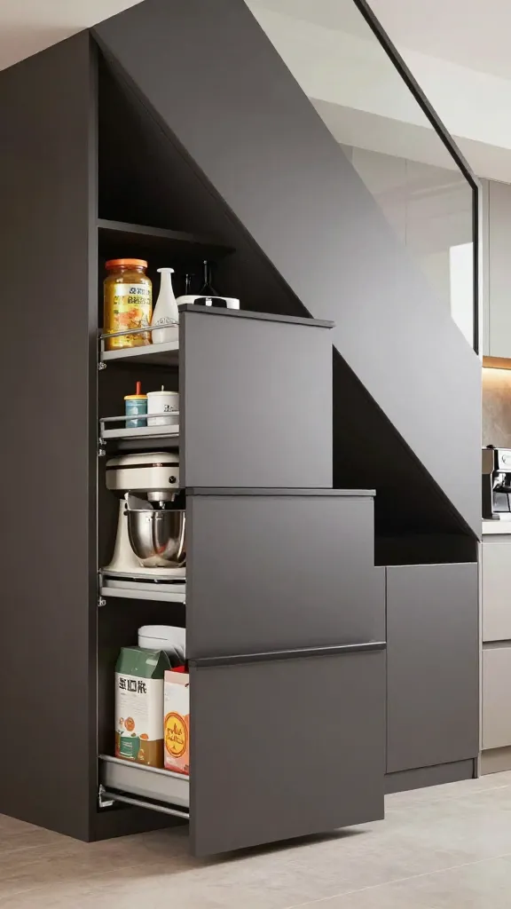 A high-quality, realistic photo showcasing a sleek, modern staircase with a cleverly integrated, custom-built secret pantry and appliance garage underneath. The deep, larder-style pull-out drawers and dedicated shelving units are partially extended, revealing meticulously organized bulk pantry items and small kitchen appliances like a stand mixer and coffee maker. The design emphasizes ultimate efficiency, accessibility, and a seamless, designer-made finish that keeps everything out of sight when closed, set in a well-lit, contemporary kitchen environment.