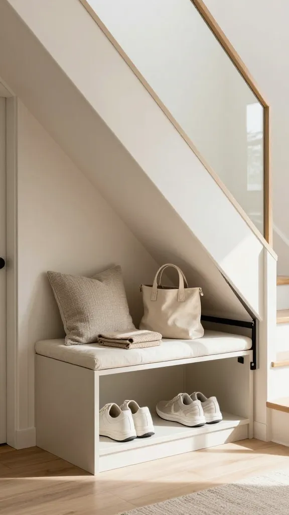 A slightly elevated eye-level professional photograph showcasing a beautifully integrated built-in bench with lift-top storage, nestled neatly under a modern, light-colored staircase in a bright, inviting entryway. The custom-built bench frame is painted a soft, neutral off-white, seamlessly matching the surrounding wall trim and creating a cohesive, designer-made aesthetic. The hinged lift-top of the bench is slightly ajar, revealing a tidy, spacious interior compartment with a few neatly organized items like a stylish canvas tote bag and a pair of minimalist sneakers, clearly demonstrating its practical hidden storage. On the closed section of the bench, a plush textured throw pillow in a muted tone and a folded wool blanket invite comfort. Abundant natural light streams in, illuminating the space and highlighting the clean lines and dual functionality. The overall mood is serene, organized, and welcoming. Realistic, high-quality, architectural photography style. No text.