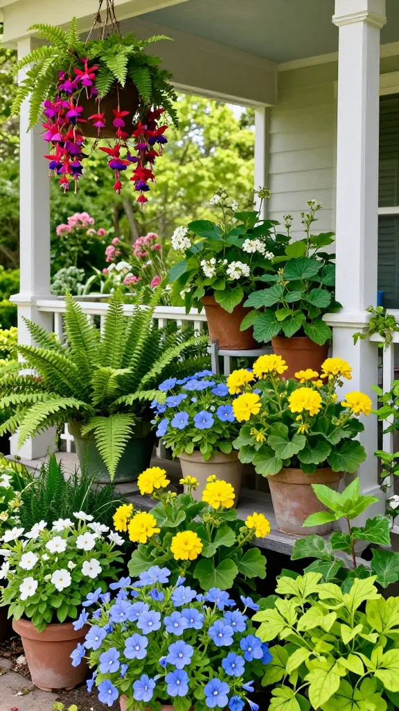 A vibrant, high-quality realistic photograph of a spring front porch transformed into a 'Botanical Burst Bonanza'. The porch is a cheerful, lush secret garden, densely overflowing with an extensive assortment of potted plants. Prominently featured are elegant ferns, cascading fuchsia petunias, bright sunshine yellow geraniums, and abundant sky blue begonias, creating a rich tapestry of emerald green, leafy green, and lime green foliage. Tiered plant stands are strategically arranged to maximize vertical space, showcasing the 'more is more' philosophy. Bright, natural spring sunlight bathes the scene, highlighting the vibrant blooms and lush textures. No text.