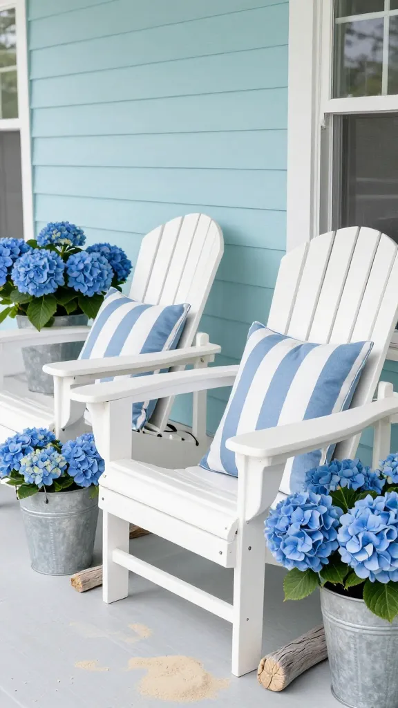 A high-quality, realistic photo of a serene spring front porch designed with a coastal calm aesthetic. The scene features a pair of crisp white Adirondack chairs, adorned with plush striped outdoor cushions in soft navy blue and white. Strategically placed near the chairs are galvanized buckets overflowing with vibrant blue hydrangeas. Subtle accents of natural sand beige and driftwood grey are incorporated through a small side table or decorative elements, enhancing the tranquil, breezy vibe. The dominant color palette is soft navy blue, aqua, and crisp white, creating an utterly chic and welcoming retreat. Bright natural daylight illuminates the scene, casting gentle shadows and highlighting the textures. No text.