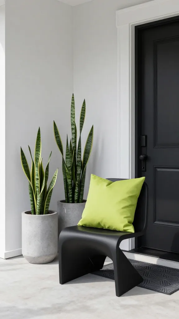 A high-resolution, realistic photograph capturing a modern minimalist front porch with a cheerful spring twist. The scene is dominated by a sophisticated palette of charcoal grey, matte black, and crisp white, exuding clean lines and thoughtful restraint. A sleek, geometric statement chair in matte black is positioned prominently, adorned with a bold, chartreuse green throw pillow that provides a vibrant pop of color. Beside the chair, two tall, cylindrical concrete planters house striking, sculptural snake plants, their deep green foliage adding a natural, architectural element. The front door, partially visible, is a deep matte black, framed by crisp white trim. A simple, charcoal grey doormat with a subtle geometric pattern lies at the entrance. The natural light is bright and airy, casting soft, defined shadows that highlight the textures and the elegant simplicity of the design, creating an instantly inviting and fresh atmosphere. No text.