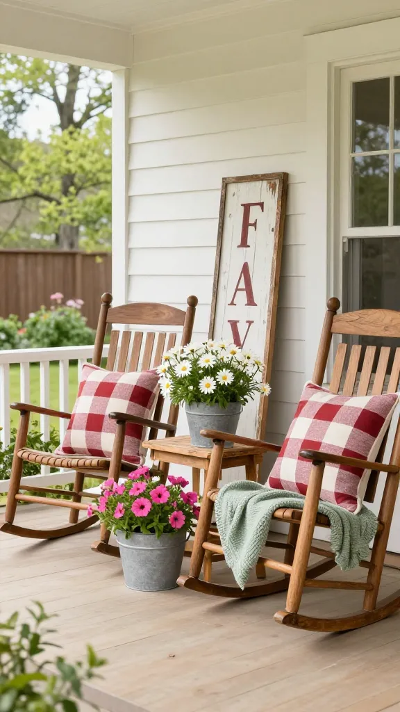 A beautifully styled farmhouse-inspired spring front porch, captured in soft, inviting late morning sunlight. The scene features a pair of rustic wooden rocking chairs, each adorned with a cream and barn red buffalo check throw pillow, and a soft sage green knit throw draped over one chair's arm. Between the chairs, a small, weathered reclaimed wood side table holds a galvanized metal planter overflowing with cheerful white daisies and vibrant pink petunias. Another larger galvanized bucket planter, also filled with a mix of spring blooms, sits near the porch steps. A rectangular decorative sign, crafted from distressed reclaimed wood, leans against the creamy white clapboard siding of the house. The porch floor and railings are natural light wood tones, complemented by subtle sage green potted herbs and lush spring greenery. The overall aesthetic is one of cozy, lived-in warmth and welcoming rustic charm, perfect for spring. High-resolution, realistic photograph, professional architectural and interior design photography.