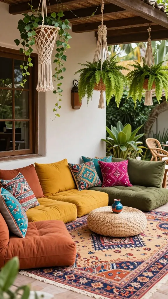 A sun-drenched, inviting bohemian front porch, bursting with texture and global patterns. The main seating area features an arrangement of plush floor cushions and soft, woven poufs in a warm terracotta, deep mustard yellow, and earthy olive green palette, creating a relaxed, low-slung lounge space. These are artfully placed on a large, intricately patterned outdoor rug, reminiscent of Moroccan or Persian designs. Vibrant pops of turquoise and magenta are subtly integrated through decorative throw pillows and small ceramic accents. Overhead, several macrame plant hangers gracefully suspend lush, trailing ivy and verdant ferns, adding a natural, organic touch. The scene is full of character, exuding a cheerful, eclectic, and laid-back atmosphere, captured in a high-resolution, realistic photograph with soft, natural light, no text.