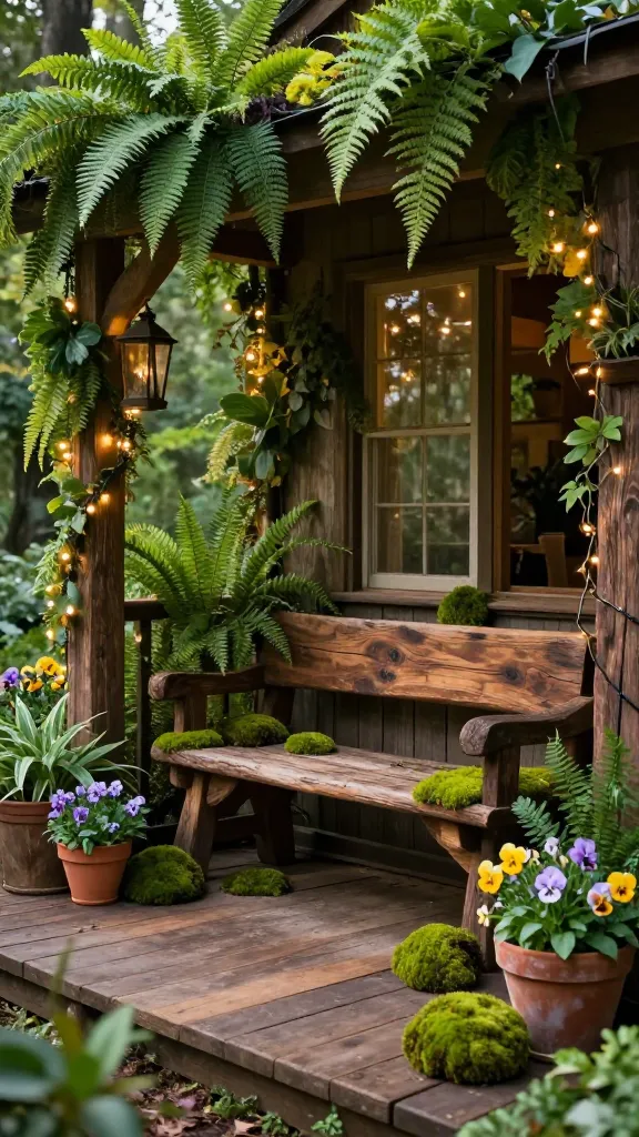 A high-quality, realistic photograph capturing a charming front porch meticulously styled as a whimsical woodland wonderland. The focal point is a sturdy, rustic log bench, rich with earthy brown textures and a hint of natural moss, invitingly placed. Lush potted ferns of varying sizes and vibrant forest green hues spill from terracotta and natural wood planters, creating a dense, magical canopy around the seating area. Clusters of soft, verdant moss balls are artfully scattered on the natural wood porch floor and nestled amongst the foliage. Delicate violas in shades of soft lavender and sunny yellow bloom abundantly in small, aged pots, adding cheerful color accents. Warm, subtle fairy lights are intricately woven through the cascading greenery and along the porch railing, casting a gentle, enchanting glow that highlights the soft moss green and earthy brown palette. A small, aged bronze lantern subtly adds a touch of metallic sheen. The scene is bathed in the soft, magical light of late afternoon, creating a storybook atmosphere. No text.