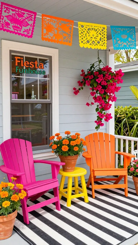 A vibrant and energetic spring front porch, styled as a 'Fiesta Funhouse'. The scene is bathed in bright, natural sunlight. The porch features a pair of cheerful outdoor chairs, one painted bright fuchsia and the other electric orange, invitingly arranged. A sunny yellow garden stool serves as a side table. Terracotta pots overflow with a joyous display of vibrant orange marigolds and cascading fuchsia bougainvillea, creating bursts of natural color. Overhead, intricate papel picado banners in fuchsia, electric orange, sunny yellow, and vibrant teal are strung across the porch ceiling, adding a festive, celebratory touch. A bold black and white striped outdoor rug grounds the space, providing a sharp contrast. The overall atmosphere is unapologetically cheerful, bold, and perfect for entertaining. High-quality photo, realistic, no text.