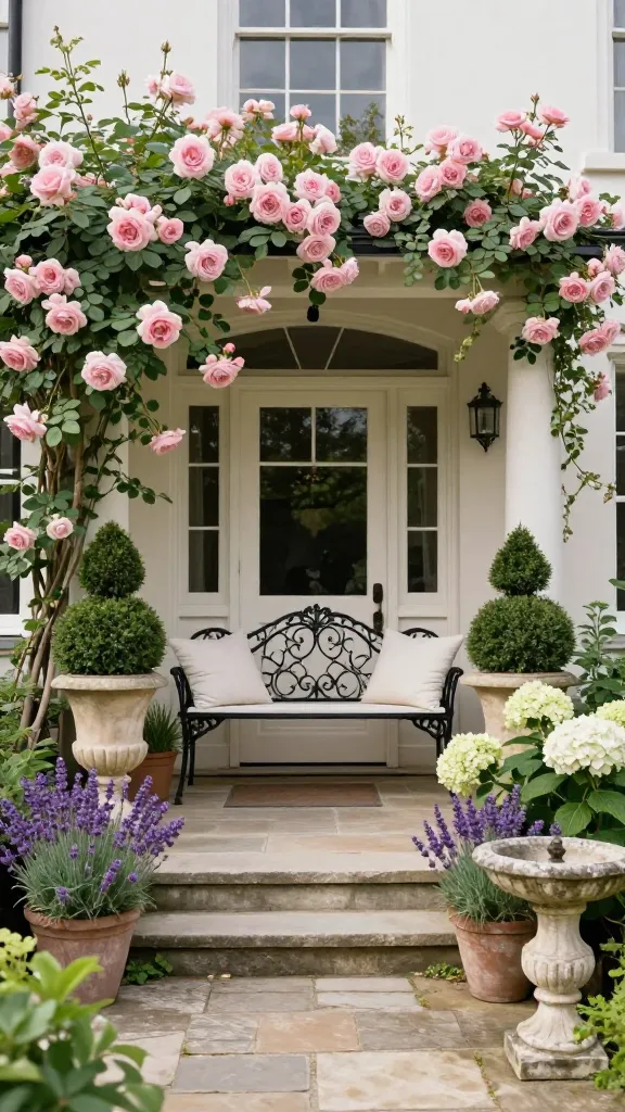 A high-quality, realistic photo of an elegant spring front porch, designed as a classic English garden entrance. The porch features weathered stone steps leading up to a creamy white wooden door, framed by lush climbing roses in soft pastel pinks. A delicate black wrought iron bench with intricate scrollwork sits gracefully against the house wall, adorned with creamy white throw pillows. On either side of the entrance, perfectly sculpted boxwood topiaries rise from classical aged stone urns. Potted arrangements of fragrant lavender and voluminous white hydrangeas are strategically placed around the porch, adding layers of rich forest green foliage and soft floral hues. A charming, weathered stone bird bath is nestled amongst the potted plants to one side, catching the gentle morning light. The scene is bathed in soft, natural spring light, emphasizing the structured beauty and timeless sophistication, with no text.