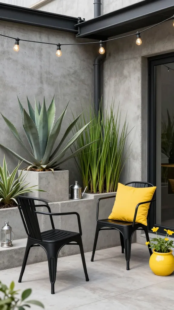 A high-quality, realistic photo of a modern industrial chic front porch, bathed in soft spring morning light. The porch features a pair of sleek matte black metal bistro chairs with a slatted design, positioned invitingly. Large, raw concrete planters hold architectural plants like a striking agave and tall, vibrant green grasses, providing a natural softness. Overhead, a string of warm Edison bulbs drapes casually, adding a cozy glow. Subtle metallic silver accents are visible in small decor pieces, like a watering can or a decorative lantern. A bright yellow throw pillow on one chair and a small yellow ceramic pot with a blooming plant introduce cheerful pops of color against the dominant concrete grey and matte black palette. The overall aesthetic is edgy, sophisticated, and surprisingly inviting, reflecting an urban oasis feel. No text.