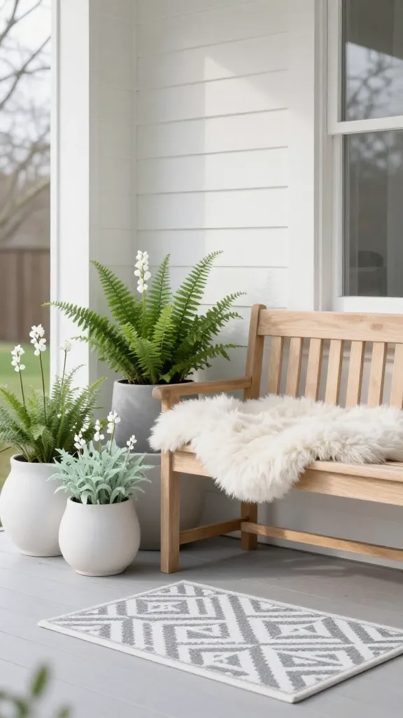 A serene Scandinavian-inspired spring front porch, bathed in soft, natural morning light. A light wood slatted bench, adorned with a plush white sheepskin throw, is positioned prominently. Beside it, a collection of simple, matte ceramic pots in soft white and muted grey hold vibrant green ferns and delicate white spring bulbs, with one pot subtly featuring pale mint green foliage. A minimalist geometric doormat in a muted grey and white pattern lies neatly at the threshold. The overall color palette emphasizes soft whites, muted greys, and warm light wood tones, creating a peaceful and inviting "hygge" atmosphere. High-resolution, realistic photograph, sharp focus, no text.