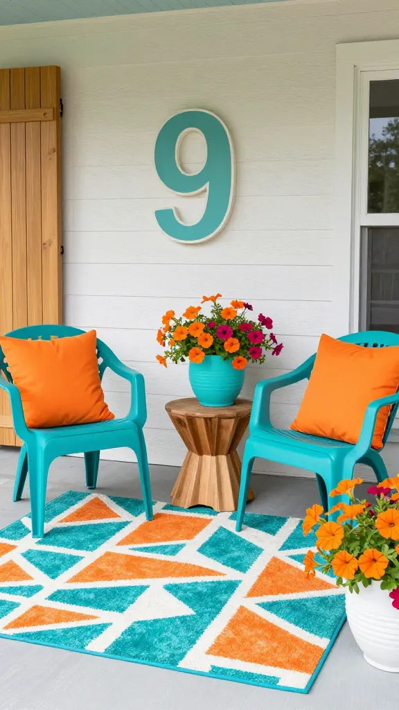 A cheerful and vibrant front porch styled with a mid-century modern retro refresh for spring. The scene features two iconic molded plastic or wire chairs in a bold teal, adorned with sunny orange throw pillows. A prominent graphic outdoor rug with a striking mod geometric pattern in teal, orange, and crisp white grounds the seating area. Atomic-era shaped planters, also in teal and white, are filled with cascades of vibrant orange and fuchsia petunias, adding a fresh, lively touch. Accents of natural wood are present in a small side table or a slatted privacy screen, providing warmth. An oversized house number or welcome sign, rendered in a playful retro font, is mounted on the wall. The overall atmosphere is bright, stylish, and full of personality, blending vintage charm with a fresh spring twist. Realistic, high-quality photo, professional lighting, no text on image.