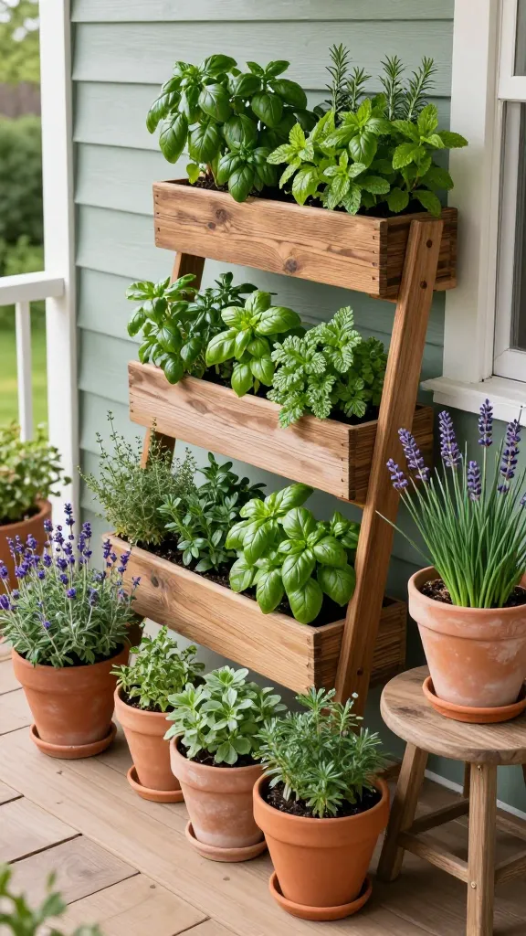 A high-angle, realistic, high-definition photograph capturing a cheerful and inviting spring front porch, transformed into an 'Herbaceous Haven & Culinary Corner'. The porch is bathed in soft, bright morning sunlight, illuminating a beautifully arranged display of fragrant herbs. A prominent multi-tiered wooden vertical garden planter stands against the house, overflowing with vibrant shades of green from lush basil, mint, and rosemary. Nearby, an assortment of rustic terracotta pots of varying sizes are artfully arranged on natural wood steps and a small side table, holding fragrant thyme, lavender with delicate purple blossoms, and slender chives. The dominant color palette features a rich spectrum of greens, from bright mint to deep basil, harmoniously blended with the warm, earthy hues of the terracotta and natural wood. Subtle pops of purple from the lavender and chive flowers add a delicate contrast, enhancing the cheerful and functional atmosphere. No text.