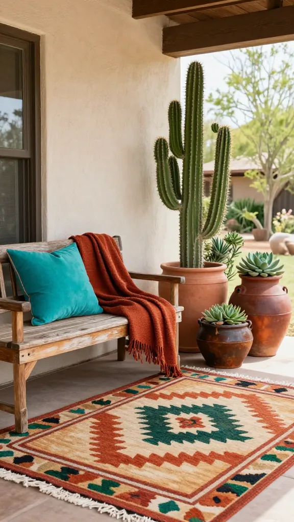 A cheerful spring front porch styled with a Desert Oasis and Southwestern spirit. The scene features a distressed wooden bench, accented with a vibrant turquoise throw pillow and a rich rust-colored woven blanket. A prominent woven outdoor rug with a bold geometric Southwestern pattern in warm terracotta, sandy beige, and deep cactus green tones anchors the space. Large ceramic pots and weathered metal planters, in varying shades of terracotta and rust, are artfully arranged, showcasing a diverse collection of healthy cacti and succulents. The porch is bathed in cheerful, natural spring sunlight, emphasizing the robust natural textures and earthy tones, creating an inviting and stylish entryway. High-quality, realistic photo, no text.