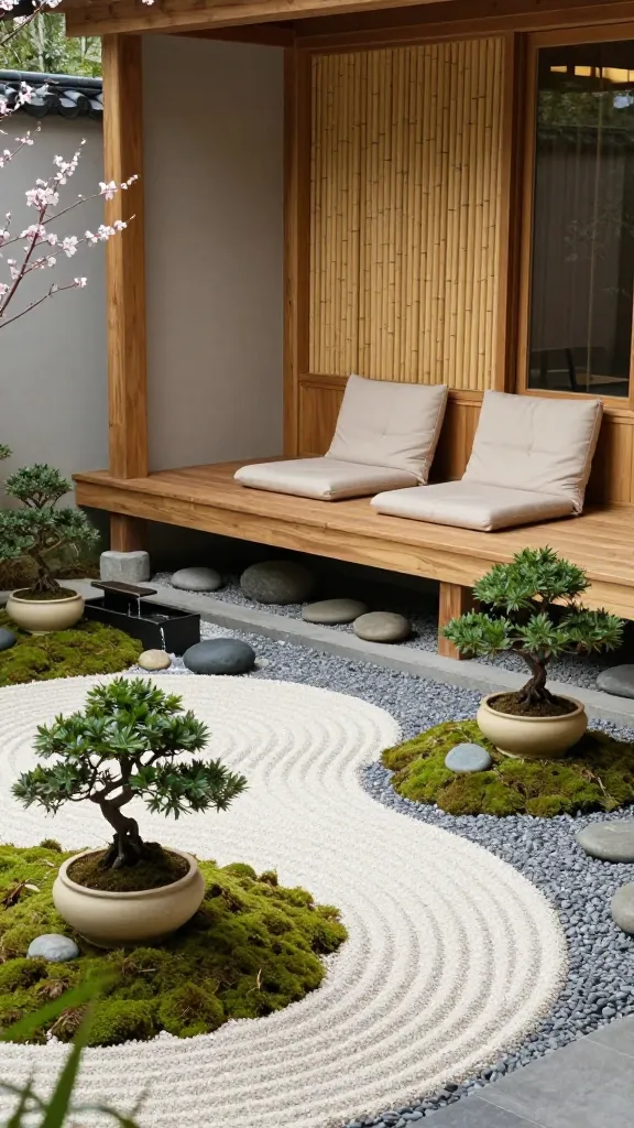A highly detailed, realistic photograph of a serene front porch transformed into a tranquil Zen garden teahouse space. The porch features a low, simple light-toned wooden bench with creamy beige floor cushions, positioned against a backdrop of natural bamboo screens and soft grey wall panels. Smooth, varying-sized river stones are meticulously arranged on the porch floor, interspersed with patches of lush, natural bamboo green moss. A small, minimalist tabletop water feature gently cascades, creating a soothing sound, next to a meticulously raked miniature zen garden. Several minimalist ceramic pots hold perfectly pruned bonsai trees, their dark green foliage contrasting with the creamy beige of the pots. Subtle, delicate touches of cherry blossom pink, perhaps from a small artificial bloom arrangement or a patterned cushion, add a soft accent. The scene is bathed in soft, diffused natural daylight, creating a peaceful, balanced, and inviting atmosphere.