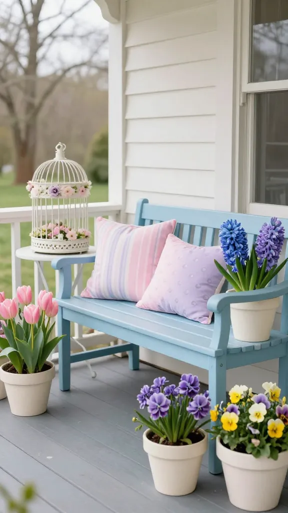 A high-quality, realistic photograph of a charming and sweet spring front porch, bathed in soft, diffused natural light. The scene features a beautifully painted wooden bench in a gentle sky blue, adorned with plush cushions showcasing subtle stripes and polka dots in baby pink and lavender shades. Around the bench, several creamy white ceramic pots overflow with a lush display of spring flowers, including delicate pink tulips, fragrant blue hyacinths, and cheerful purple and yellow pansies. A decorative white birdcage, subtly enhanced with faux pastel flowers, is elegantly placed on a small side table next to the bench. The porch itself, with its creamy white railings and floorboards, provides a perfect grounding for the playful pastel palette of baby pink, sky blue, mint green accents (perhaps a small planter or throw), and lavender. The overall atmosphere is dreamy, welcoming, and light-hearted, captured with sharp focus and a shallow depth of field. No text.
