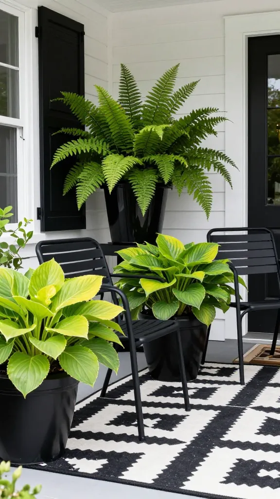 A chic and modern spring front porch, featuring a bold black and white high-contrast design. Two sleek black metal chairs are arranged on a striking black and white geometric patterned outdoor rug. Large, glossy black planters are overflowing with lush, vibrant emerald green ferns and chartreuse hostas, creating explosive pops of bright greenery that feel instantly cheerful against the crisp black and white palette. The scene is bathed in bright, natural spring daylight, showcasing a sophisticated and dramatic aesthetic. Realistic, high-quality photograph with sharp focus.
