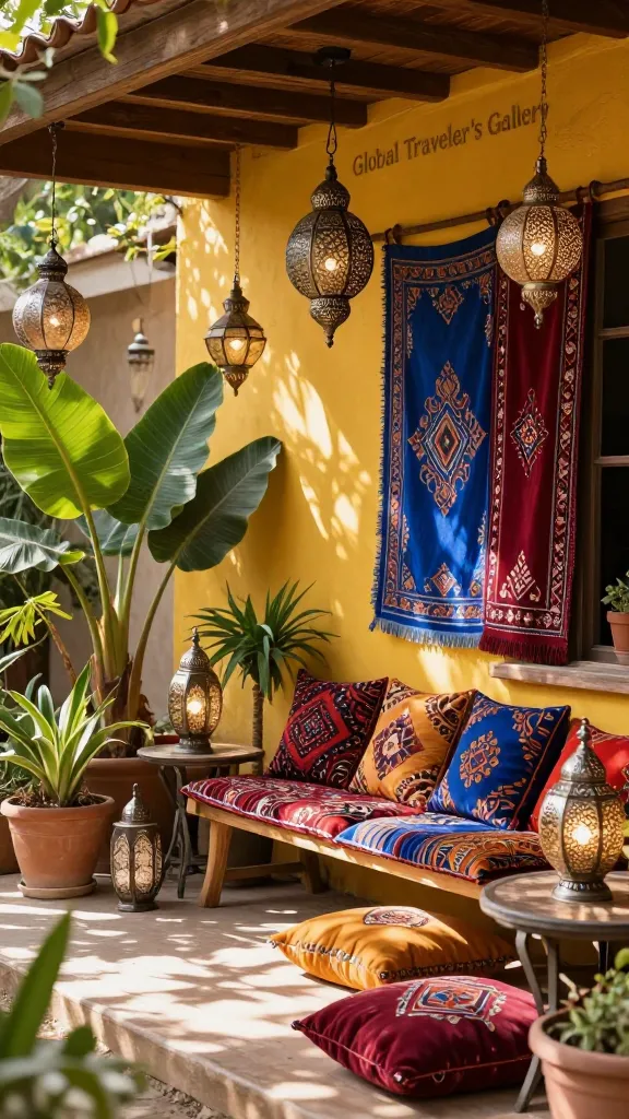 A vibrant spring front porch, styled as a "Global Traveler's Gallery." The porch is a rich tapestry of textures and intriguing details, showcasing an eclectic collection. The dominant color palette features warm saffron yellow, deep indigo blue, and rich cranberry red, balanced by earthy tan and brown neutrals. Several ornate, solar-powered Moroccan lanterns of varying sizes hang from the porch ceiling and sit on side tables, casting intricate, soft light patterns. A low wooden bench is adorned with a mix of richly patterned global textiles and plush floor cushions in the specified colors. Lush potted exotic plants, including prominent elephant ears and a small banana plant, are strategically placed, adding a touch of tropical vibrancy. Sunlight streams across the porch, illuminating the intricate patterns of the textiles, the hammered metal of the lanterns, and the broad leaves of the plants. The scene is inviting, full of stories, and feels instantly cheerful and ready for spring. High-resolution, realistic photograph, natural daylight, warm ambient light, shallow depth of field.