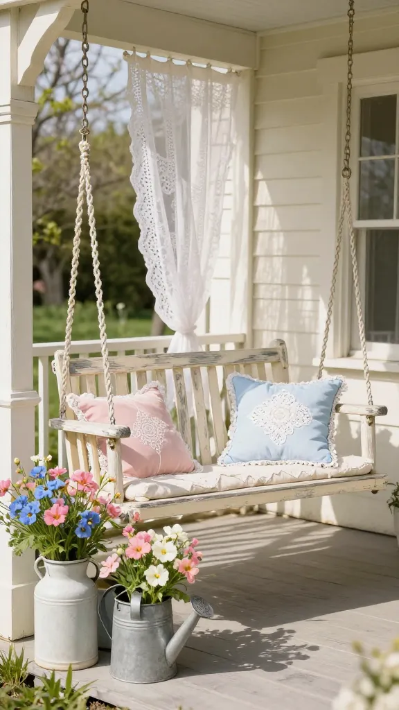 A charming and instantly cheerful spring front porch, styled with rustic romance and vintage finds. A distressed wooden porch swing, painted in a soft cream with weathered grey undertones, is the centerpiece, adorned with plush cushions featuring delicate lace and crochet details in blush pink and pale blue. Nearby, antique milk jugs and vintage metal watering cans, repurposed as planters, are filled with a lush arrangement of colorful wildflowers, showcasing shades of pink, blue, and white. Natural wood tones are prominent in the porch floor and railings, complementing the soft color palette. A small, sheer lace curtain gently flutters in the background. The scene is bathed in bright, natural sunlight, creating an inviting and nostalgic atmosphere. High-quality, realistic photograph, shot during a sunny spring day, no text.