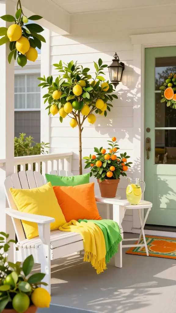A vibrant and cheerful spring front porch, bathed in warm, golden morning sunlight. The scene features a crisp white backdrop, possibly a painted wooden wall or railing, adorned with invigorating citrus-themed decor. A comfortable outdoor bench or a pair of Adirondack chairs are dressed with plush cushions and soft throws in a lively mix of vibrant lemon yellow, juicy orange, and fresh lime green. Several potted citrus trees, bursting with ripe yellow lemons, green limes, and small orange kumquats, are strategically placed around the seating area and near the front door, adding a natural, zesty touch. A clear glass pitcher filled with fresh lemonade and sliced lemons sits invitingly on a small white side table. The entrance is completed with a cheerful doormat featuring a subtle citrus pattern or a bright, solid color in the palette. The overall impression is one of invigorating freshness and sunny optimism, captured in a high-resolution, realistic photograph with a shallow depth of field, focusing on the vibrant decor. No text.