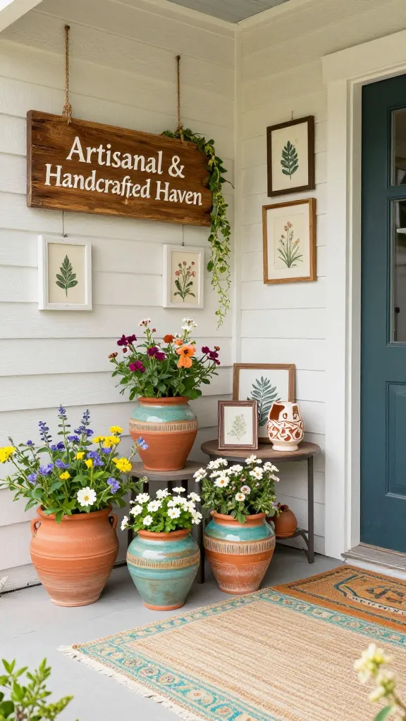 A high-quality, realistic photograph of a vibrant and inviting front porch, showcasing an 'Artisanal & Handcrafted Haven' theme. The scene is bathed in warm, soft spring light. The dominant color palette features earthy terracotta, muted teal, and natural linen, enriched by subtle hand-painted details. Several hand-thrown pottery planters, each with unique, textured glazes in terracotta and muted teal, are arranged artfully, overflowing with lush spring flowers and trailing greenery. A custom-made wooden sign, featuring a rustic, hand-painted design, hangs prominently near the entry, exuding a welcoming aura without explicit text. A soft, hand-woven outdoor rug in natural linen with delicate teal patterns grounds the space. A curated collection of small, handmade art pieces, such as framed botanical prints with hand-painted accents or intricate ceramic sculptures, is thoughtfully displayed on a small side table or shelf. The overall ambiance is deeply personal, cheerful, and celebrates unique craftsmanship.