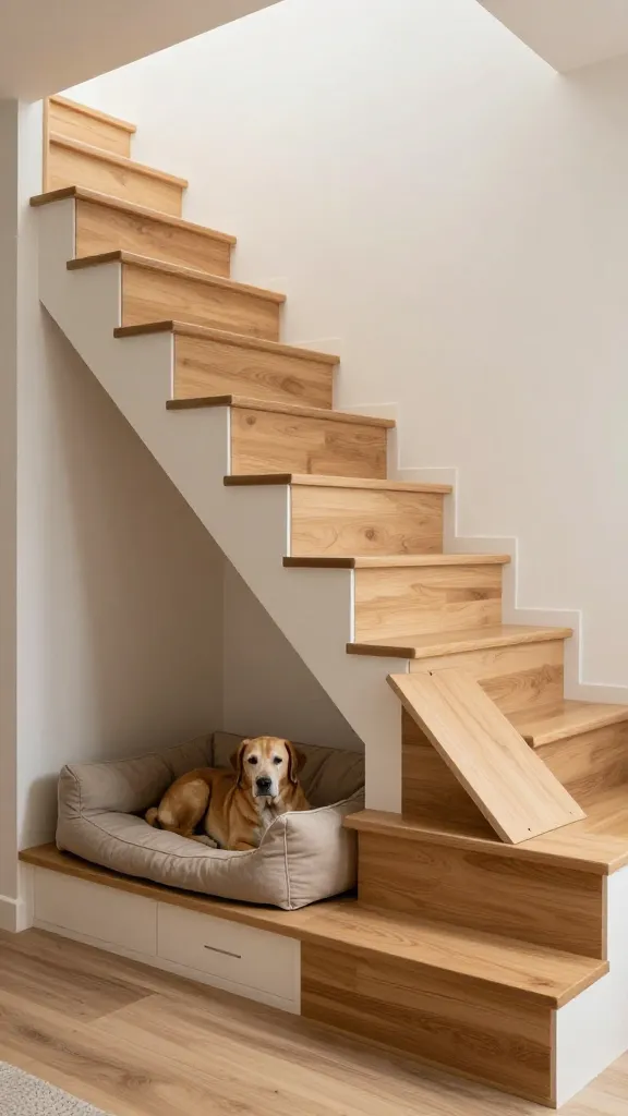 A high-resolution, realistic architectural photograph of a smart, space-saving staircase within a modern, well-lit small home. Underneath the lowest steps, a cozy, built-in dog bed nook with a soft, neutral-toned cushion is seamlessly integrated. Adjacent to this pet nook, small, sleek hidden drawers are subtly blended into the staircase structure. Running gently alongside the main wooden steps, The scene is bathed in warm, natural light, highlighting the thoughtful design and inviting atmosphere. A contented, medium-sized senior dog is either comfortably curled in the bed nook or slowly ascending the miniature ramp, showcasing the functional and loving integration of pet-friendly features into the home's design.