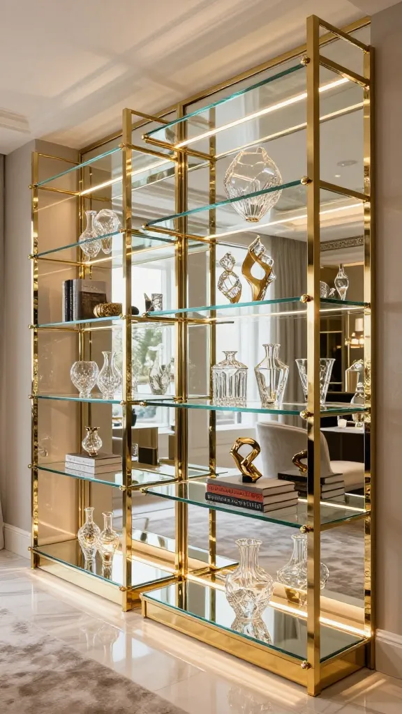 A high-quality, realistic photo of a luxurious, glamorous under-stair storage display. The built-in unit features multiple clear glass shelves supported by polished gold brass framework and details. The entire back panel of the display is mirrored, reflecting light and creating an illusion of depth and expansive space. Integrated warm LED strip lighting subtly illuminates each shelf and the showcased decor, which includes elegant crystal vases, a small abstract gold sculpture, and a stack of high-end design books. The overall aesthetic is opulent and dazzling, serving as a sophisticated focal point in a modern, upscale interior. The lighting highlights the reflective surfaces and shimmering metals, making the display catch the light and the eye. Shot with a slight wide-angle to capture the full grandeur of the unit and its immediate surroundings, bathed in soft, inviting light. No text.