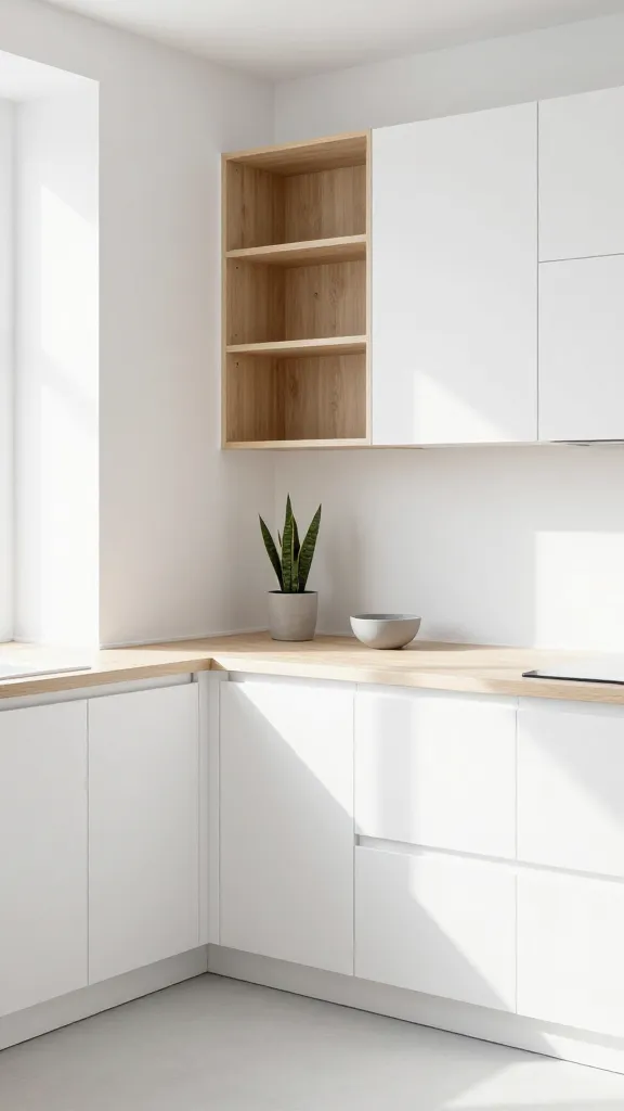 A bright, high-angle, realistic photo of a small, minimalist Scandinavian kitchen. Crisp white handleless cabinetry and walls dominate the space, beautifully contrasted with light birch wood open shelving that replaces traditional upper cabinets. Abundant natural light streams in, creating a sunny, airy atmosphere. A small potted snake plant sits on one of the wooden shelves, adding a subtle touch of sage green. A soft grey ceramic bowl on the countertop provides another hint of accent color. The kitchen feels serene, expansive, and uncluttered, with a clean, fresh aesthetic. High-resolution, professional interior design photography.