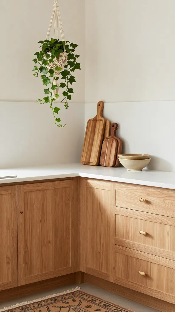 A high-quality, realistic, eye-level photograph capturing a cozy, small kitchen corner styled with 'Boho Botanical Bliss.' The scene features light-toned wooden cabinetry adorned with elegant rattan drawer pulls. Above a pristine white countertop, a small macrame plant hanger gracefully suspends a lush, trailing ivy, bringing vibrant green life into the space. On the counter, a collection of beautiful, varied wooden cutting boards leans against an off-white backsplash, alongside handcrafted ceramic bowls in earthy, natural tones. A small, intricately patterned kilim rug in warm, muted colors lies on the floor, adding texture and warmth. Natural light streams in, highlighting the rich textures of the wood, ceramics, and textiles, creating a laid-back, free-spirited, and inviting atmosphere.