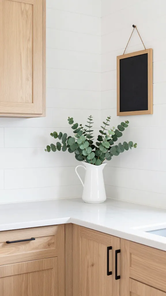 A high-quality, realistic photo of a charming, small modern farmhouse kitchen. The focal point is a crisp white peel-and-stick shiplap backsplash that adds rustic warmth. Light-toned kitchen cabinets are updated with sleek matte black pull handles, offering a modern contrast. A small, dark chalkboard sign hangs on a nearby wall, and a simple white ceramic pitcher filled with a lush cluster of faux eucalyptus stems sits on the counter. The space is bright, inviting, and effortlessly chic, showcasing a blend of rustic and modern elements. No text on image.