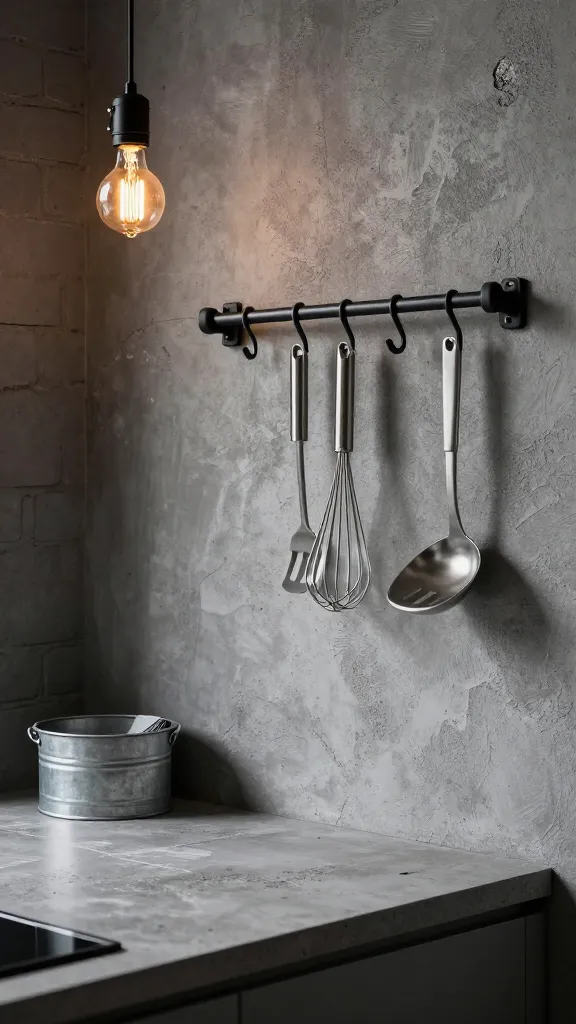 A highly detailed, realistic photograph of a small kitchen corner, embodying an industrial chic aesthetic. The focal point is a countertop covered with authentic-looking concrete-effect contact paper, displaying subtle imperfections and a matte finish. Mounted on the wall above, a sleek, simple matte black metal bar with S-hooks holds a few modern, metallic kitchen utensils like a stainless steel whisk and a slotted spoon. A single exposed filament bulb pendant light fixture, suspended by a black fabric cord, hangs stylishly, emitting a warm, amber glow. On the floor or a low shelf, a small, cylindrical galvanized steel bin serves as functional storage, perhaps containing neatly rolled dishcloths. The background wall features a raw, textured finish, like distressed concrete or dark grey painted brick, enhancing the urban grit. The scene is bathed in soft, natural light filtering from an unseen window, creating deep shadows and highlights that emphasize the metallic and textured surfaces. The overall impression is sophisticated, edgy, and functional. High resolution, professional photography, no text.