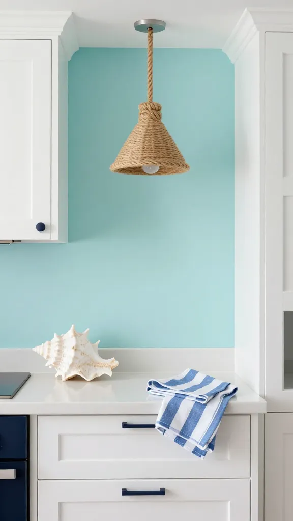 A high-quality, realistic photograph capturing a serene and airy small kitchen designed in a coastal calm retreat style. An accent wall is painted a soft aqua blue, beautifully contrasting with crisp white shaker-style cabinetry and trim. Subtle touches of navy blue are incorporated through decorative elements. A stylish pendant light, featuring natural rope details wrapped around its base, hangs centrally, replacing a standard fixture. On the pristine white countertop, a large, elegant white seashell is displayed next to a neatly folded blue and white striped dish towel. The kitchen is bathed in bright, natural light, emphasizing its clean, inviting, and vacation-like atmosphere.