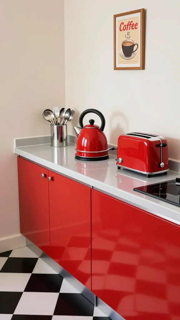 A high-quality, realistic photo of a small kitchen meticulously designed in a vibrant 1950s retro diner style. The floor is covered with striking black and white checkerboard peel-and-stick tiles. On the gleaming countertop, a bright cherry red electric kettle and a matching retro-style toaster are prominently featured. A polished chrome utensil holder, filled with silver utensils, stands nearby. Above the counter, on a clean, light-colored wall, hangs a small, framed vintage-style advertisement for coffee, adding a nostalgic touch. The overall ambiance is playful and inviting, with bold colors, shiny surfaces, and strong visual appeal. Photorealistic, sharp focus, natural soft lighting, no text.