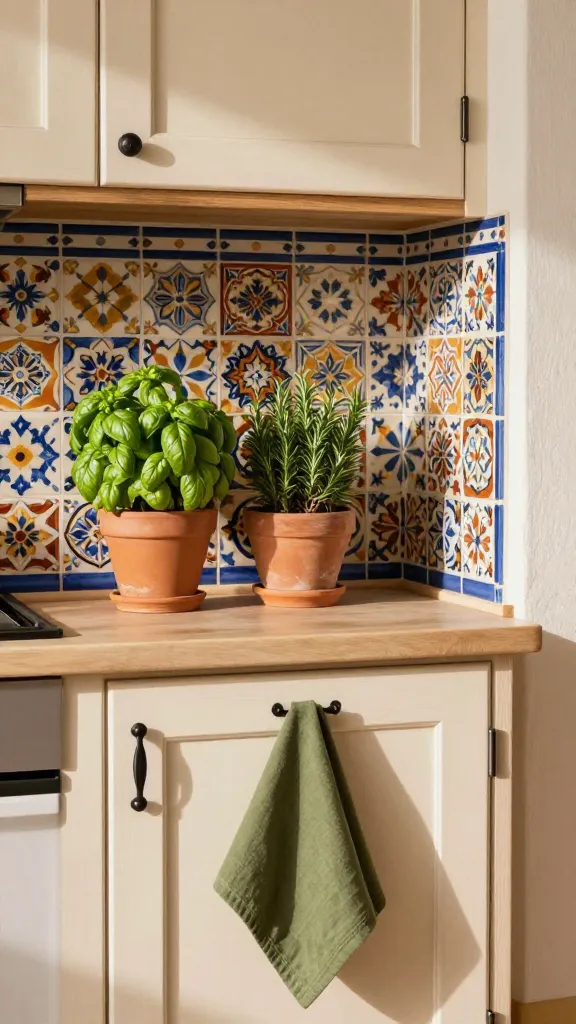 A realistic, high-quality photo capturing a sun-drenched, small Mediterranean kitchen. The focal point is a backsplash covered in intricate peel-and-stick patterned tiles, featuring vibrant Spanish or Moroccan designs in earthy terracotta, deep blues, and ochre. On a light-toned countertop, two small terracotta pots proudly display fresh green basil and rosemary. Cabinetry, in a warm off-white or natural wood finish, is accented with simple black wrought-iron style pulls. A rich olive green dish towel is casually draped over a cabinet door handle, adding a touch of color. The scene is bathed in warm, natural light, exuding a relaxed, inviting, and rustic villa charm. No text.